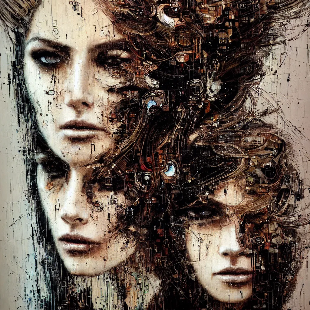 Image similar to hyperrealistic portrait of a mysterious cyberpunk woman with flowing hair, by Guy Denning, Russ Mills, beautiful, elusive, glitch art, hacking effects, glitch effects, photo real, brown eyes, digital tech effects, cybernetics, detailed lines, intricate detail, holographic, polished, chromatic, clear, color blocking, acrylic on canvas, octane, concept art, abstract, red face, front view, 8k, masterpiece, cgsociety, trending on artstation