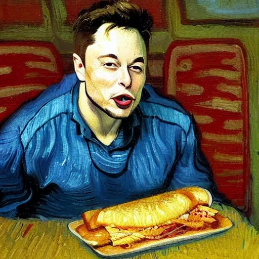 Image similar to a beautiful oil painting of elon musk eating a panini, 8k , award winning , made in 1800's , old , painted by vincent van gogh