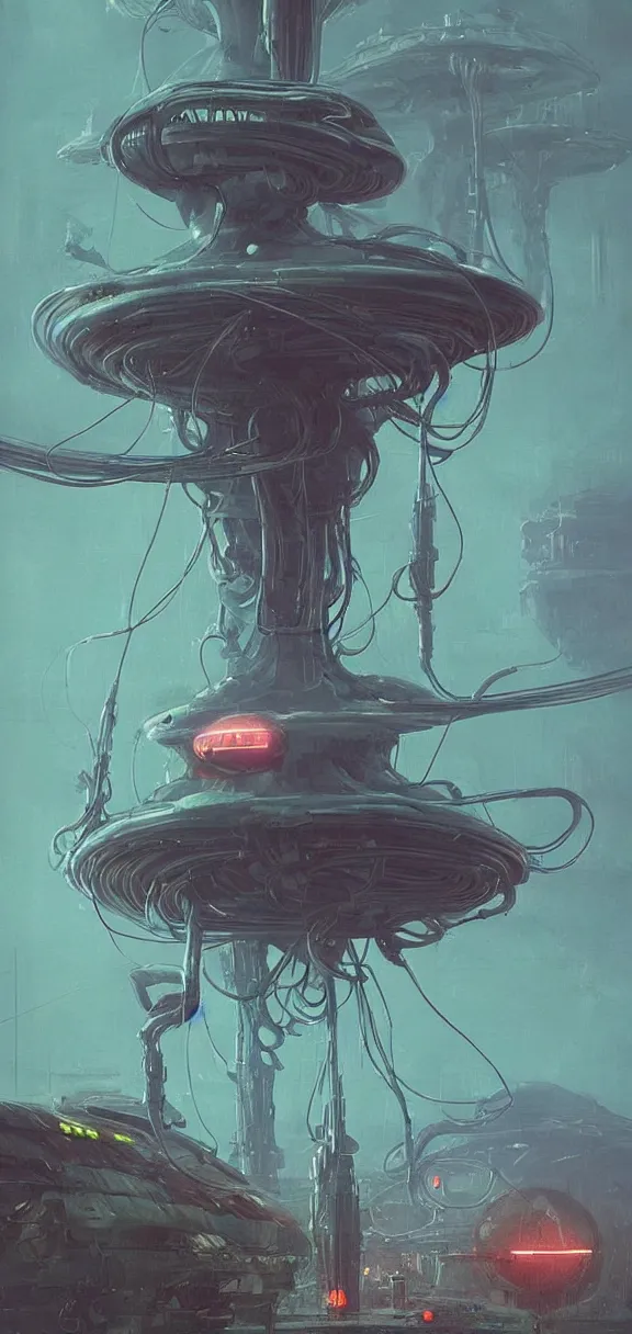 Image similar to mechanical mushroom starship with long tendrils, lots of hanging cables and wires, messy cords, sci - fi concept art, by john harris, by simon stalenhag, stunning, award winning