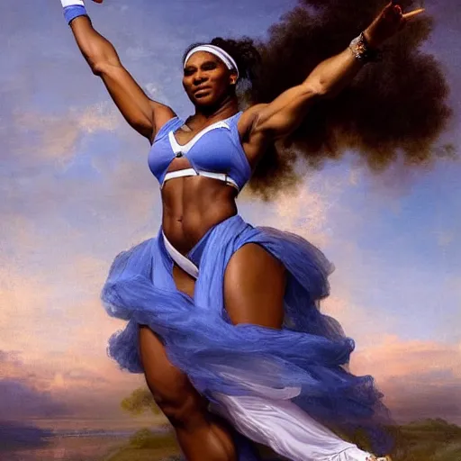 Image similar to Full body Portrait of Serena Williams in Nike gear as Nike Goddess, large wings, luxuriant, dreamy, eternity, romantic, strong pose, highly detailed, in the style of Franz Xaver Winterhalter, highly detailed, in the style of Aetherpunk