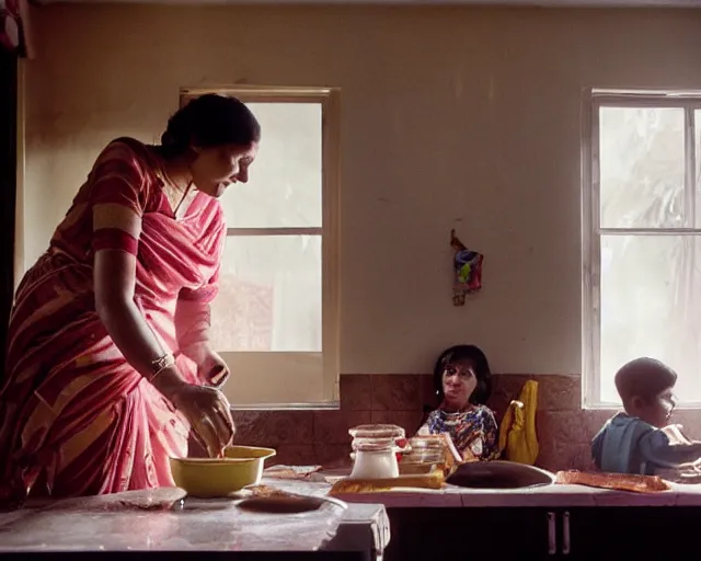 Prompt: A mother cooking food in her Indian suburban home, two kids playing outside are visible from the window. Photograph by Gregory Crewdson and Wes Anderson, shot on a large format film camera, 8K