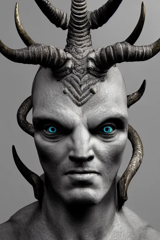 Image similar to an unreal engine render of a pagan god + creature with large black eyes and wide tall horns, hyper realistic, detailed anatomy