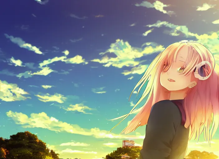 Prompt: illustration of green hills with clouds in the background, golden hour sunset, purple beautiful sky, cute anime girl with platinum blonde hair and big eyes, close to foreground, anime key visual, official media, illustrated by wlop, extremely detailed, 8 k, trending on pixiv, cinematic lighting, beautiful