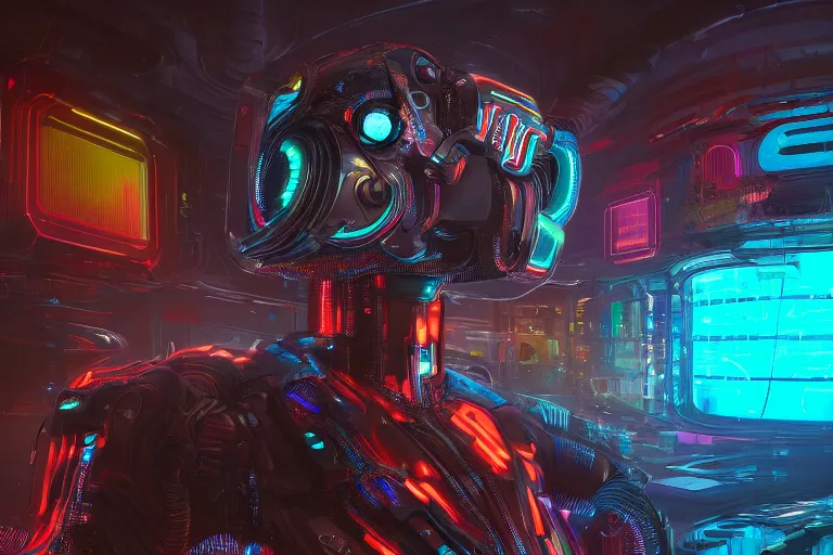 Prompt: 3D render of an intricate futuristic sci-fi robot, neon lights, retrowave, in the style of Daniel Dociu, dramatic lighting, vibrant colors, Trending on Artstation HQ, 4K, UHD, High quality, Unreal Engine