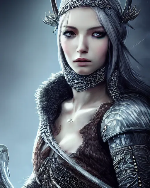 Image similar to highly detailed sharp photorealistic portrait of a beautiful female hunter with shimmering hair, symmetrical face and eyes, dressed in intricate silver, cgsociety, Elden Ring, Dark Souls, Bloodborne