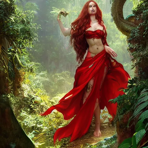 Prompt: portrait of a female brass dragon sorceress with curly red hair wearing a red dress and a red cloak exploring the ruins of an abandoned maya city in the jungle, fantasy, highly detailed, digital painting, artstation, concept art, character art, art by greg rutkowski and tyler jacobson and alphonse mucha