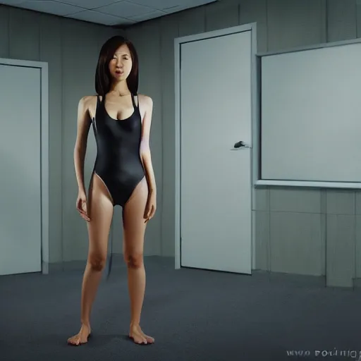 Image similar to perfect, realistic oil painting of japanese woman in racing one-piece swimsuit, in sci-fi dystopian empty room, by an American professional senior artist, Hollywood concept, dynamic composition and motion, postproduction.