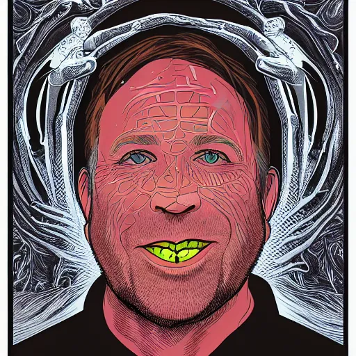 Image similar to Alex Jones turning thousands of frogs gay. Super resolution. Award winning illustration art in the style of Alex Grey