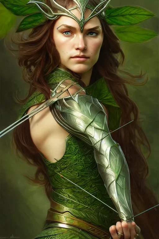 Image similar to male elven Archer armor made of green leaves, fantasy, amber eyes, face, long hair, intricate, elegant, highly detailed, digital painting, artstation, concept art, smooth, sharp focus, illustration, art by artgerm and greg rutkowski and alphonse mucha