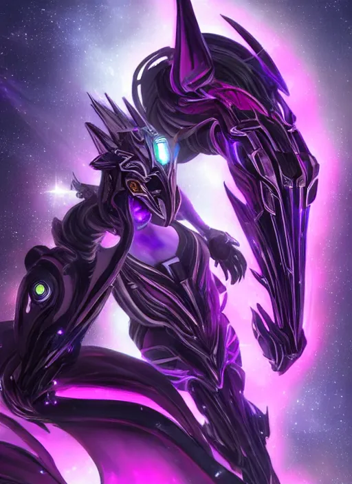 Image similar to cinematic goddess close shot, cosmic sized beautiful stunning elegant hot giant robot mecha female dragon, sharp cyborg dragon head, sharp metal ears, led glowing purple eyes, smooth fuschia skin, smooth silver armor, floating in space, epic proportions, epic scale, macro furry, furry art, dragon art, giantess art, warframe fanart, furaffinity, octane