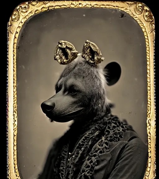 Image similar to professional studio photo portrait of anthro anthropomorphic spotted hyena head animal person fursona smug smiling wearing elaborate pompous royal king robes clothes wallet frame by Louis Daguerre daguerreotype tintype