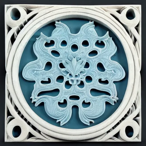 Prompt: fractals, maze, ernst haeckel, carved soapstone relief paneling white and pale blue