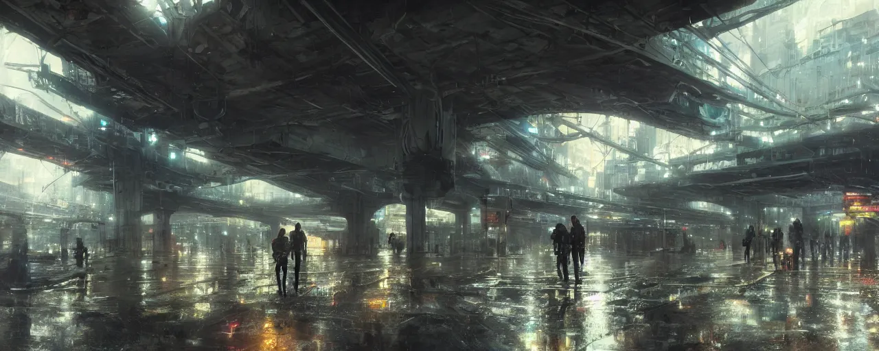 Prompt: under a highway bridge of a cyberpunk city, rain, night, flying shuttles, advertising pannels, rays of light, james gurney, greg rutkowski, unreal engine 5, artstation, sharp focus, award winning