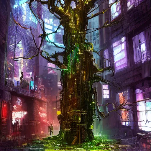 Prompt: a cyberpunk tree in the middle of a medieval city