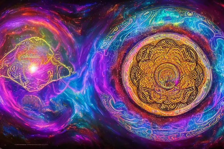 Prompt: a intricate mandala of peace signs with deep and intricate rune carvings and twisting lovecraftian tentacles emerging from a space nebula by dan mumford, twirling smoke trails, a twisting vortex of dying galaxies, collapsing stars, digital art, photorealistic, vivid colors, highly detailed, intricate