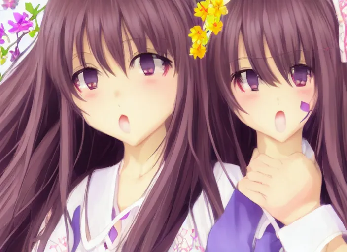 Image similar to 2 0 0 0 clannad shuffle toheart event'anime illustration japanese very very beautiful cute girls doing cute things trending on artstation pixiv makoto shinkai smiling super detailed eyes eyebrowless symmetry face visual novel hairpin star, anime kimono