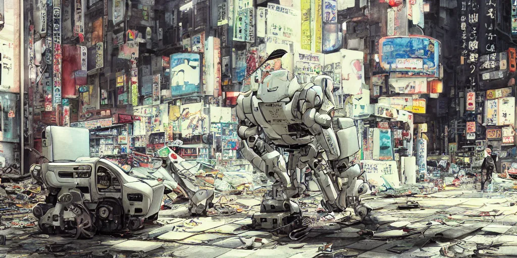 Image similar to a broken robot lying in a deserted shinjuku junk town, watercolor, ghost in the shell, soft bloom lighting, paper texture, bright sun bleached ground, vending machine, robot lurks in the background, koji morimoto, katsuya terada, genius party, animatronic, black smoke, pale, beige sky pencil marks, hd, 4k, remaster, dynamic camera angle, fish eye, dynamic scene