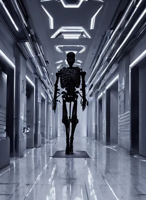 Image similar to skeletal black mecha walking down white marble hallway, Skeletal face android face one eye. mecha (carbon fiber) long limbs black panels reflective. Skeletal face android face one eye ((glowing_red_eye)) RTX On UE5 Artstation Bladerunner_2049_scene!!!!!! Cyberpunk 2077 bladerunner2049!!! bladerunner!!! Tom Bagshaw and Greg Rutkowski and Alphonse Mucha