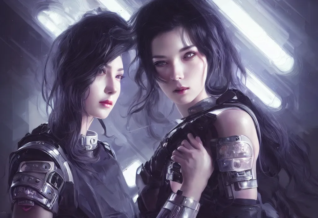 Image similar to portrait holy dark grey hair of futuristic police girl, black armored uniform, at neon light flashing reflected tokyo night, ssci - fi and fantasy, intricate and very very beautiful, highly detailed, digital painting, artstation, concept art, smooth and sharp focus, illustration, art by tian zi and wlop and alphonse mucha