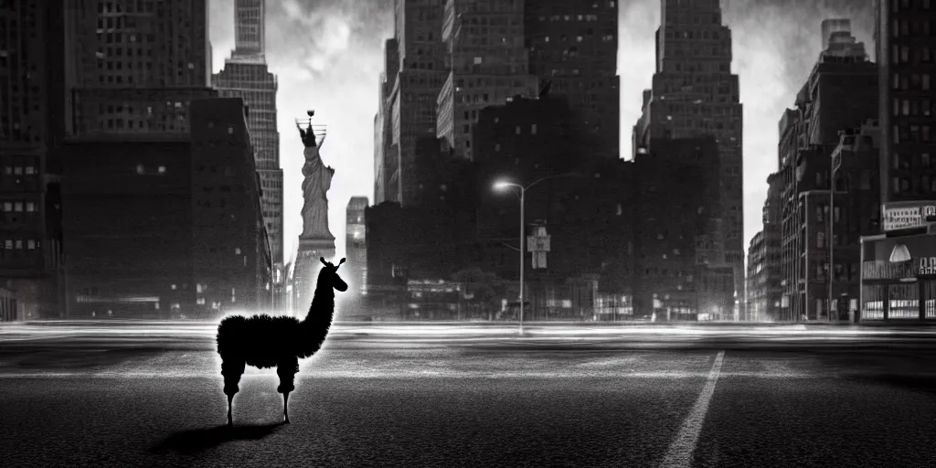 Image similar to a llama walking through a desolate manhattan city street at night, statue of liberty seen in the background, realistic 4 k octane beautifully detailed render, 4 k post - processing, highly detailed, detailed face, intricate complexity, epic composition, magical atmosphere, cinematic lighting, masterpiece, color picture, ultra hd