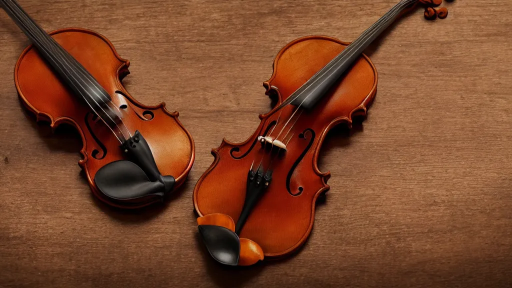 Prompt: a violin on an ancient wood table in victorian house, close up, 3/4 view, beautifull reflexions, detailed, photorealistic, octane render