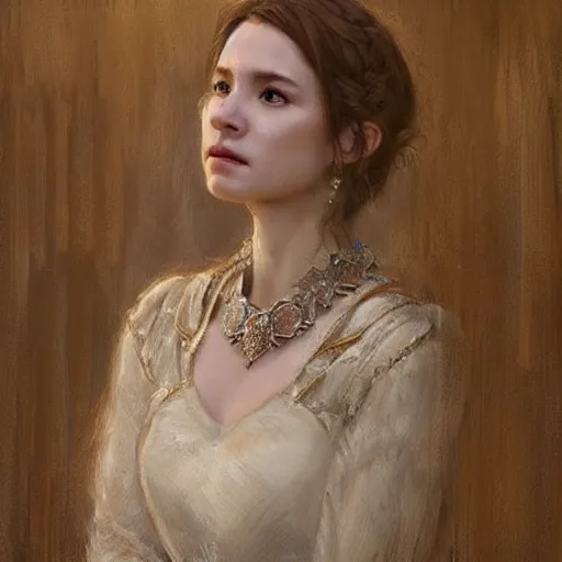 Image similar to Princess at a royal banquet, elegant dress, intricate, matte, 8K, warm lighting, large staircase, royalty, ultra detail, medieval-fantasy, concept art, cinematic, art by Leesha Hannigan and Greg Rutkowski, beautiful face, high detailed facial features, masterpiece, award-winning