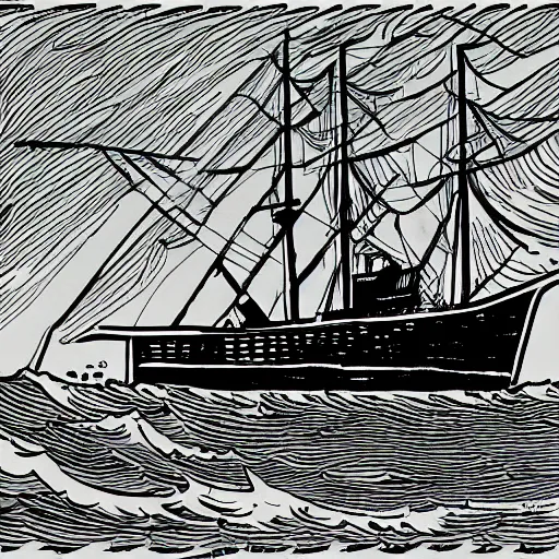 Prompt: An Illustration of a ship in the sea driving into the direction of the camera, black an white in the style of herge, fine detail, highly detailed