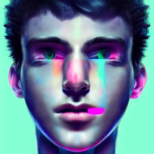 Prompt: hyperrealistic extreme detailed portrait of a teenage boy. half human half cyborg. neon lights. digital art.