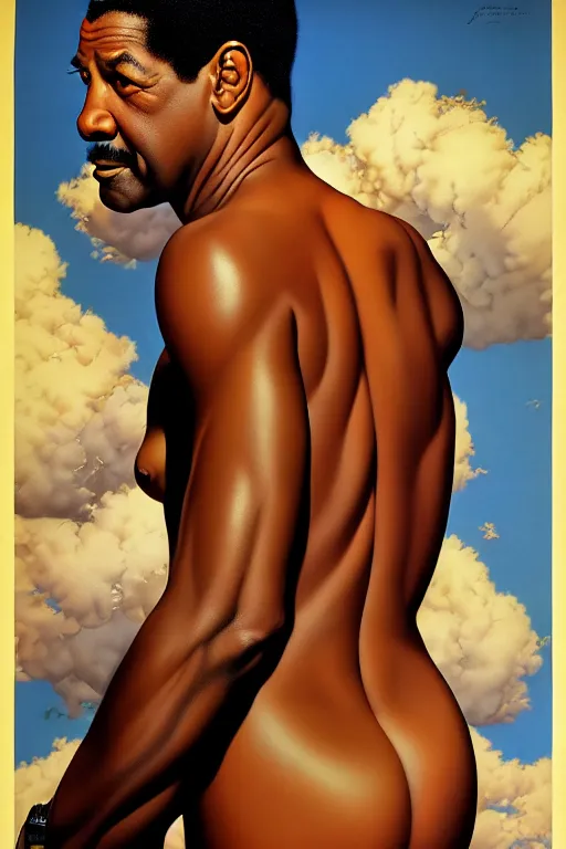 Image similar to skinny denzel washington by gil elvgren and norman rockwell and rob gonsalves and hajime sorayama, hyperrealistic, high detail, ultra detailed, highly detailed face, ruffled fabric