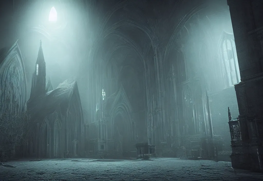 Prompt: eldritch church of cthulhu photorealistic, film, cinematic lighting, octane render, volumetric light, dark - art