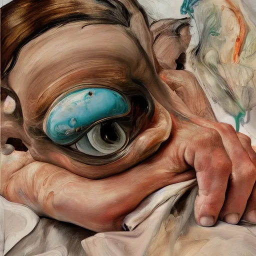 Image similar to high quality high detail painting by lucian freud and jenny saville, hd, mutation, turquoise