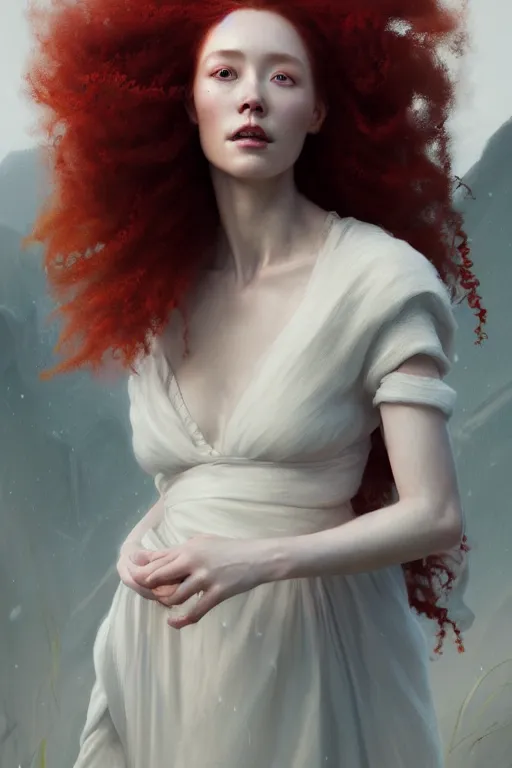 Prompt: portrait of a beautiful nordic woman, curly red hair, wearing a white dress, extremely detailed digital painting, in the style of fenghua zhong and ruan jia and jeremy lipking and peter mohrbacher, mystical colors, rim light, beautiful lighting, 8 k, stunning scene, raytracing, octane, trending on artstation