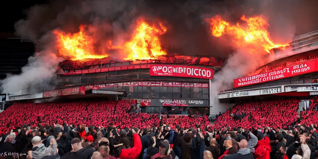 Prompt: old trafford theatre of dreams on fire during protest against the glazers, # glazersout, chaos, protest, banners, placards, burning, dark, ominous, pure evil, by stephen king, wide angle lens, 1 6 - 3 5 mm, symmetry, cinematic lighting