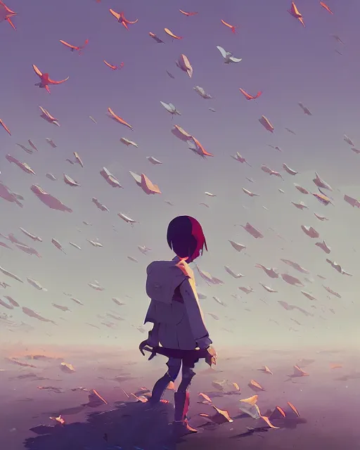 Image similar to a robot surrounded by a flock of birds, cory loftis, james gilleard, atey ghailan, makoto shinkai, goro fujita, character art, exquisite lighting, clear focus, very coherent, plain background, soft painting