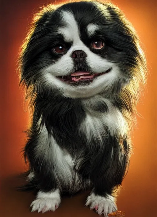 Image similar to portrait of a dwarf Japanese chin dog, highly detailed, centered, solid color background, digital painting, artstation, concept art, smooth, sharp focus, illustration, Jason Edmiston, donato giancola, Joseph Christian Leyendecker, Les Edwards, Ed Repka, WLOP, Artgerm