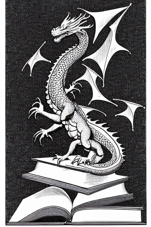 Image similar to hyper realistic dragon perched on a stack of books, white background, full frame, art by james o barr and albrecht durer, surreal woodblock print, black and white, vector, vector art