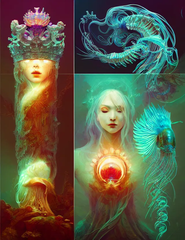 Image similar to goddess macro shouler portrait from bottom to top in crown made of ram skull. betta fish, jellyfish phoenix, bioluminiscent, plasma, ice, water, wind, creature, super intricate ornaments artwork by tooth wu and wlop and beeple and greg rutkowski