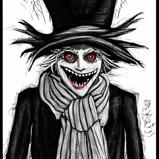 Image similar to a Pop Wonder scary horror themed goofy-hilarious-character Jack-Frost-Babadook-scarecrow-madhatter-williewonka-wearing a scarf, 3-piece-suit, dime-store-comic drawn with charcoal and pen and ink, half-tone-line-stacking