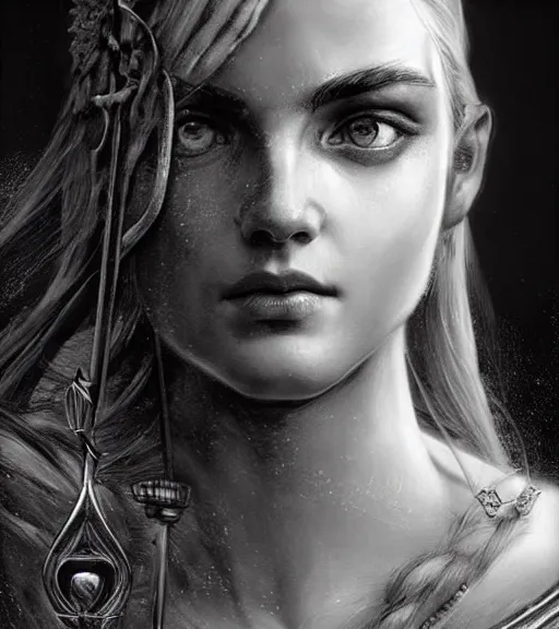 Image similar to beautiful aphrodite goddess wearing an arrow on her head, realistic face, beautiful eyes, black and white drawing, in the style of greg rutkowski, fantasy, amazing detail, epic, intricate, elegant, smooth, sharp focus