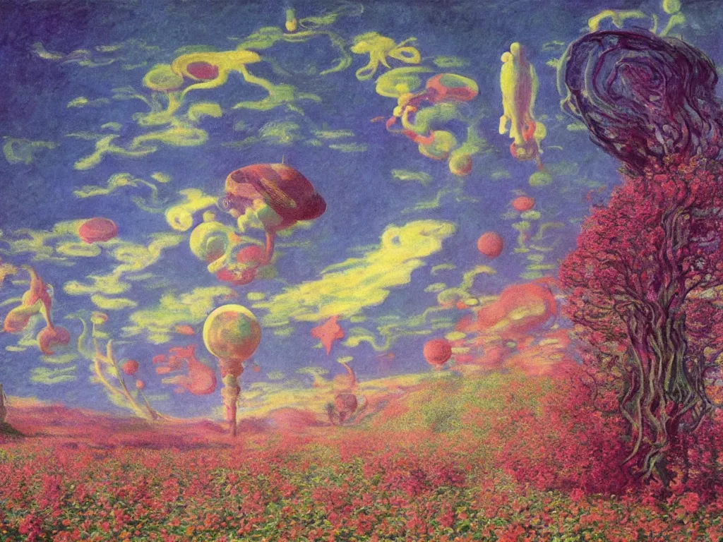 Image similar to psychedelics dream bot mothership over the former species. painting by monet, walton ford, wayne barlowe, agnes pelton, rene magritte