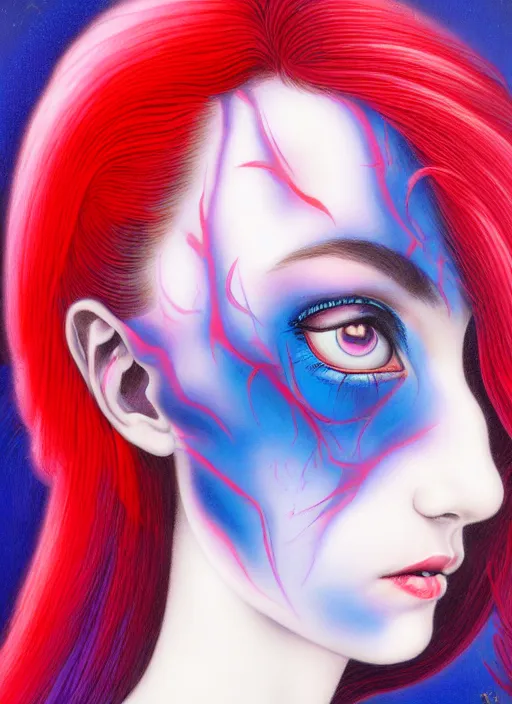 Image similar to beautiful matte airbrush portrait of a maiden with sad eyes crying on a white background, inspired by ayami kojima, 8 0's airbrush aesthetic, purple red and blue color palette, art by pater sato