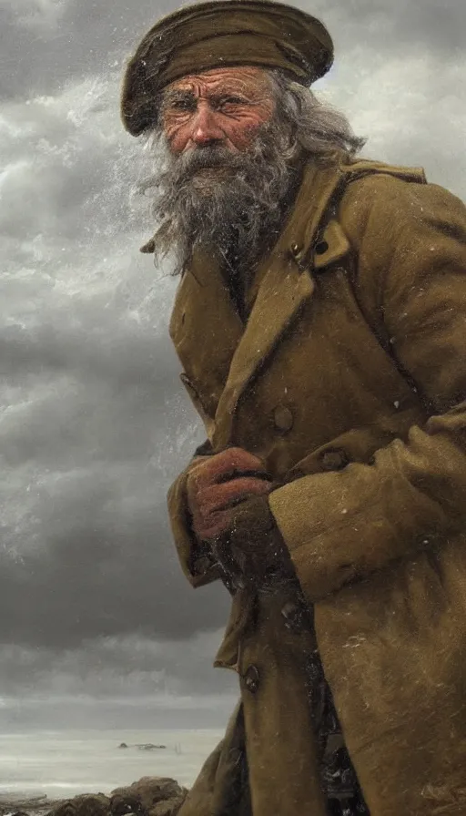 Image similar to Striking portrait of an old weathered sea captain during a storm, oil on canvas, by Richard Foster, by David Cobley, by Anastasia Pollard, highly detailed, dramatic lighting