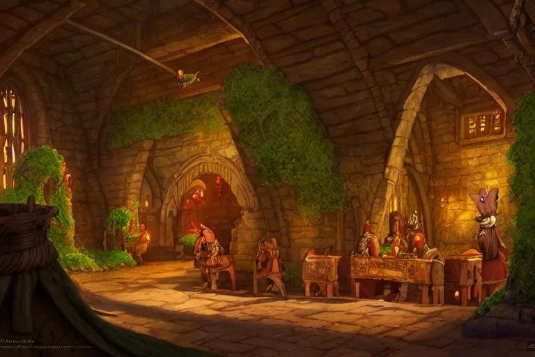 Prompt: an elaborate and detailed scene from the redwall abbey by brian jacques, detailed, fantasy concept art, cinematic lighting, beautiful