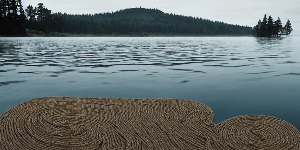 Prompt: centered photograph of one line of thick long rope zig zagging snaking across the surface of the water into the distance, floating submerged rope stretching out towards the center of the lake, a dark lake on a cloudy day, color film, trees in the background, pebble beach foreground, hyper - detailed photo, anamorphic lens