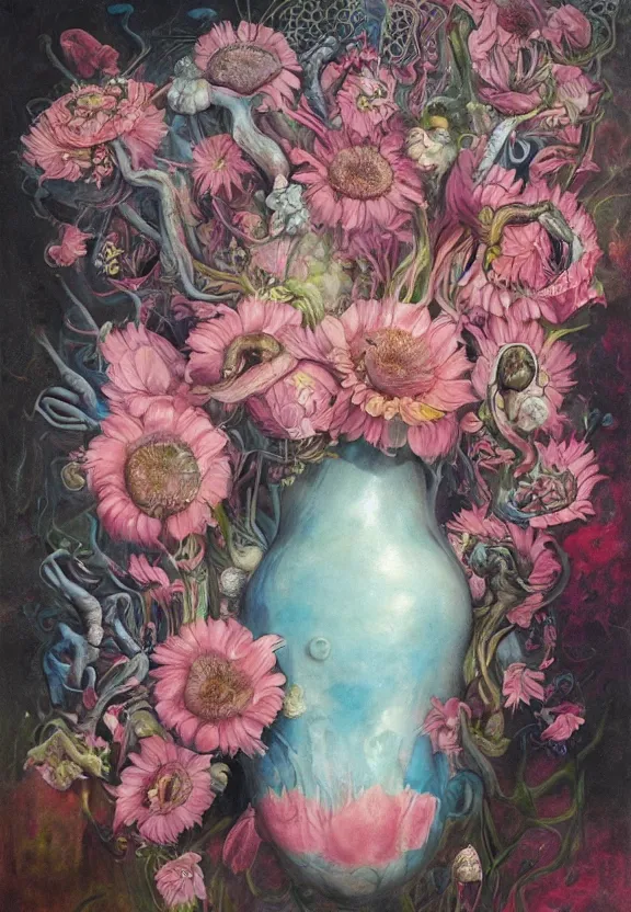 Prompt: a biomorphic painting of a vase with flowers and eyeballs in it, a surrealist painting by marco mazzoni, by dorothea tanning, pastel blues and pinks, featured on artstation, metaphysical painting, oil on canvas, fluid acrylic pour art, airbrush art, bees, seapunk, rococo, lovecraftian