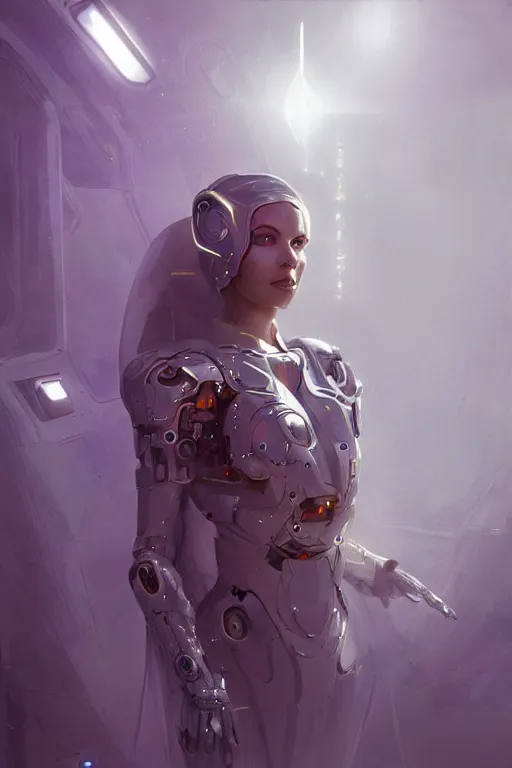 Image similar to beautiful cyborg priestess, scifi, perfect face, futuristic, elegant cape, aura of light, glow, concept art, sharp focus, inside a space ship, trending on artstation, hwang se - on, intricate, advanced technology, art by roman makarenko and simon almeida and marcos melco