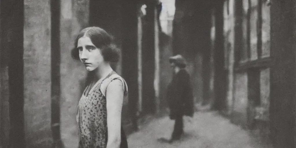 Prompt: a young woman with freckles looks deeply into the camera, 1920's london street, art nouveau, dark streets, grungy, style of Joel Meyerowitz, gustav klimpt, colour painterly