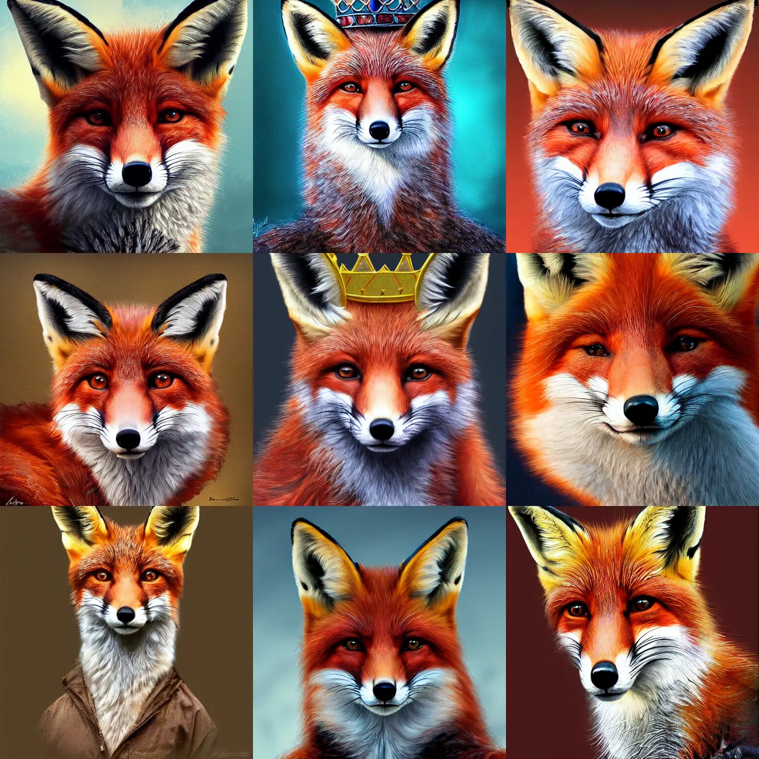 Prompt: portrait of a fox with crown, realistic painting, high definition, digital art, matte painting, very detailed, realistic