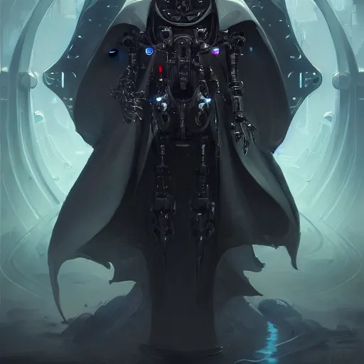 Image similar to a portrait of a menacing cybernetic grim reaper in black cloak, cyberpunk concept art by pete mohrbacher and wlop and artgerm and josan gonzales, digital art, highly detailed, intricate, sci-fi, sharp focus, Trending on Artstation HQ, deviantart, unreal engine 5, 4K UHD image