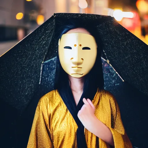 Image similar to japanese female black balaclava mask with golden necklace and open kimono, photo portrait, beautiful female model, tokyosky, female sitting on skyscreapper, rain, city neon light, bokeh, long exposure, kodak promax 4 0 0, sony lens, golden fractals and dmt